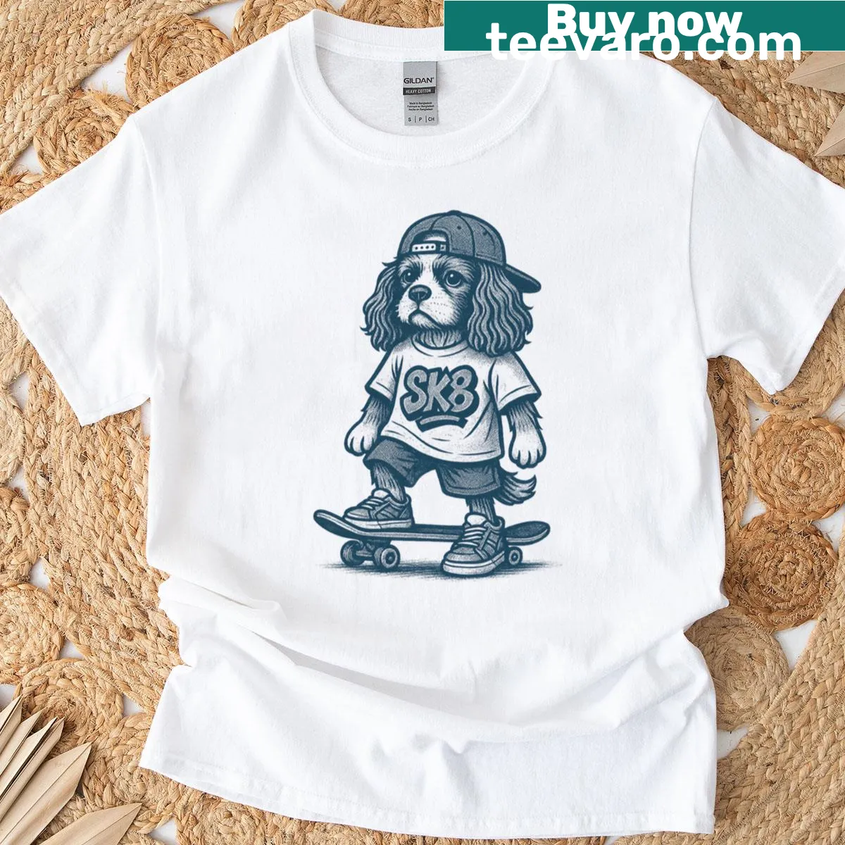 Cartoon graphic T-shirt featuring a spaniel dog in streetwear — on a men's t-shirt
