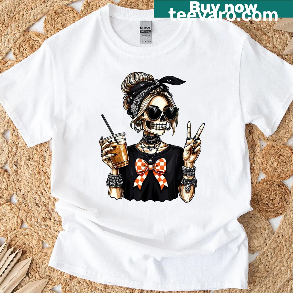 Cartoon skeleton girl T-shirt with coffee and peace sign graphic — on a men's t-shirt