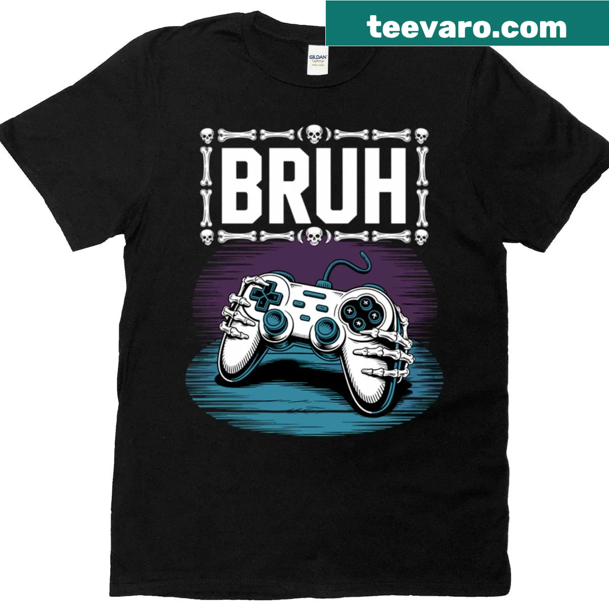 T-shirt featuring skeleton hands holding a game controller illustration. — on a men's t-shirt