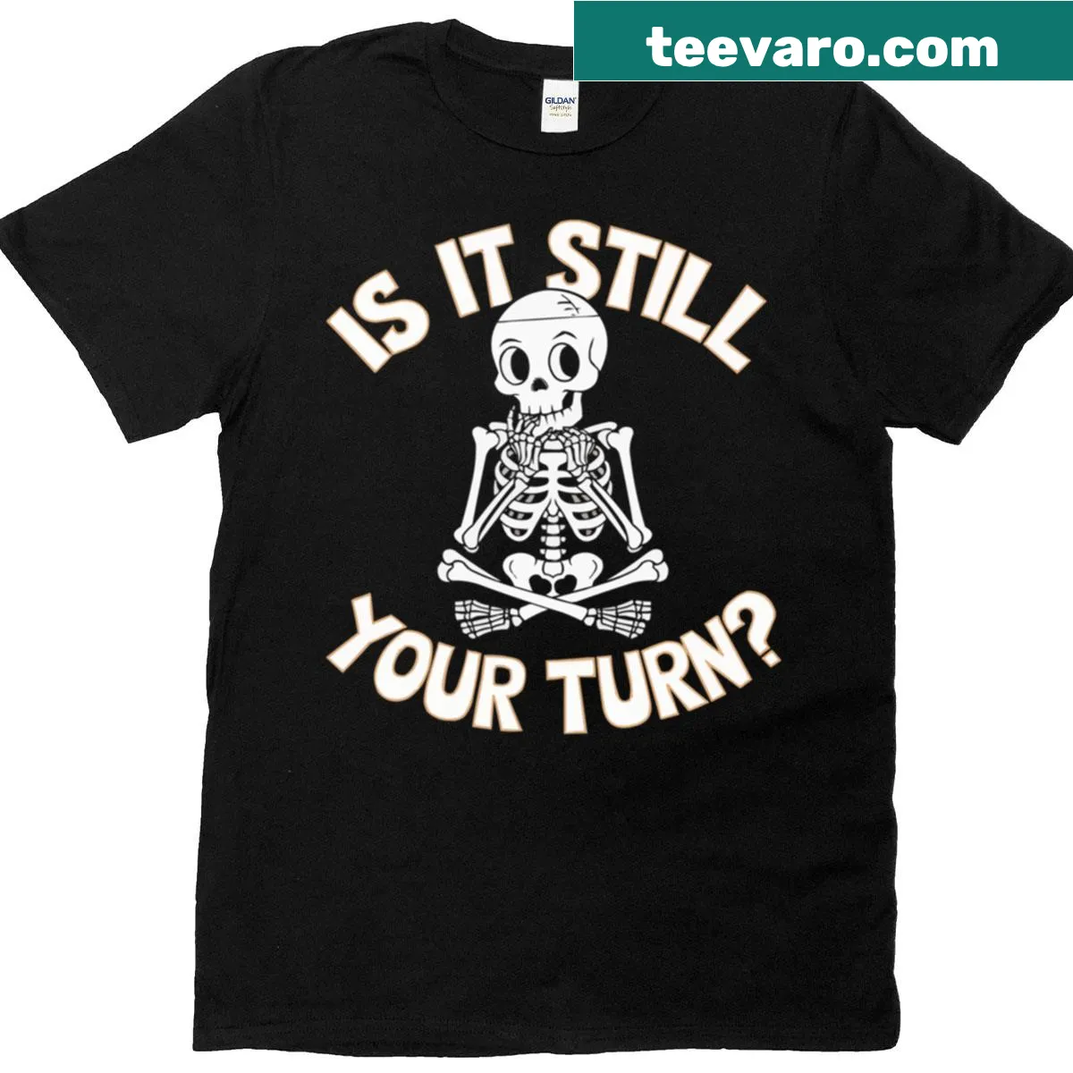T-shirt featuring a whimsical skeleton playing board games — on a men's t-shirt