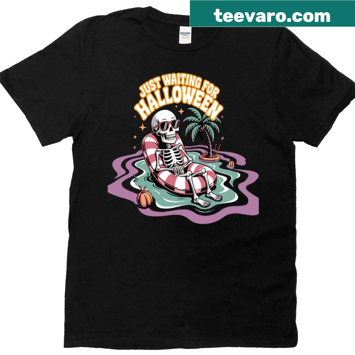 Cartoon skeleton relaxing graphic T-shirt — on a men's t-shirt