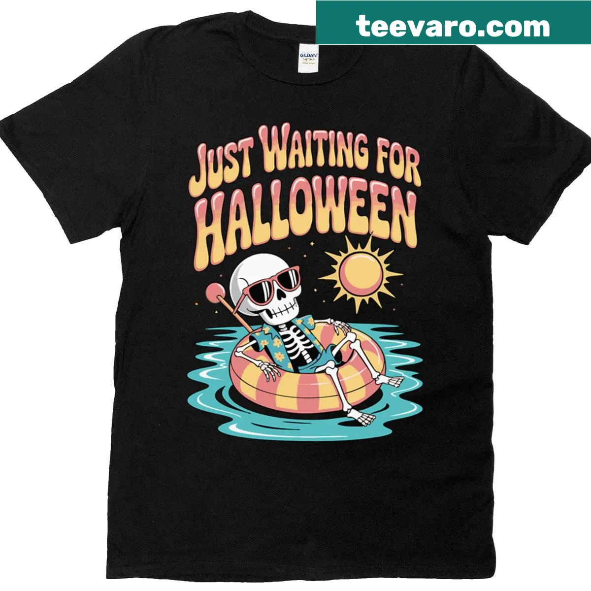 Whimsical t-shirt featuring a skeleton waiting for Halloween — on a men's t-shirt
