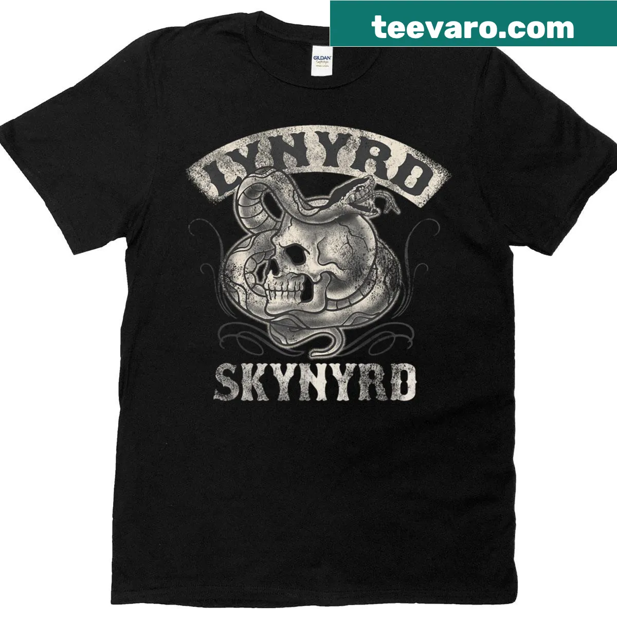 Intricate skull with snake tattoo design on a biker T-shirt — on a men's t-shirt