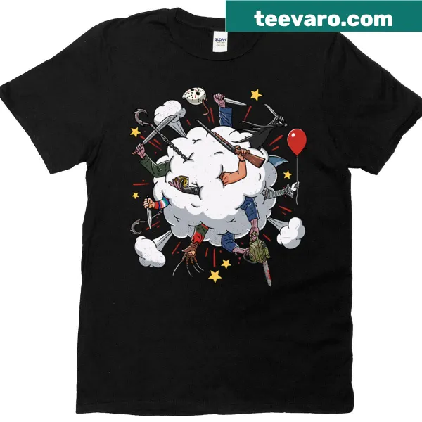 Oversized t-shirt featuring slasher characters in a humorous fight