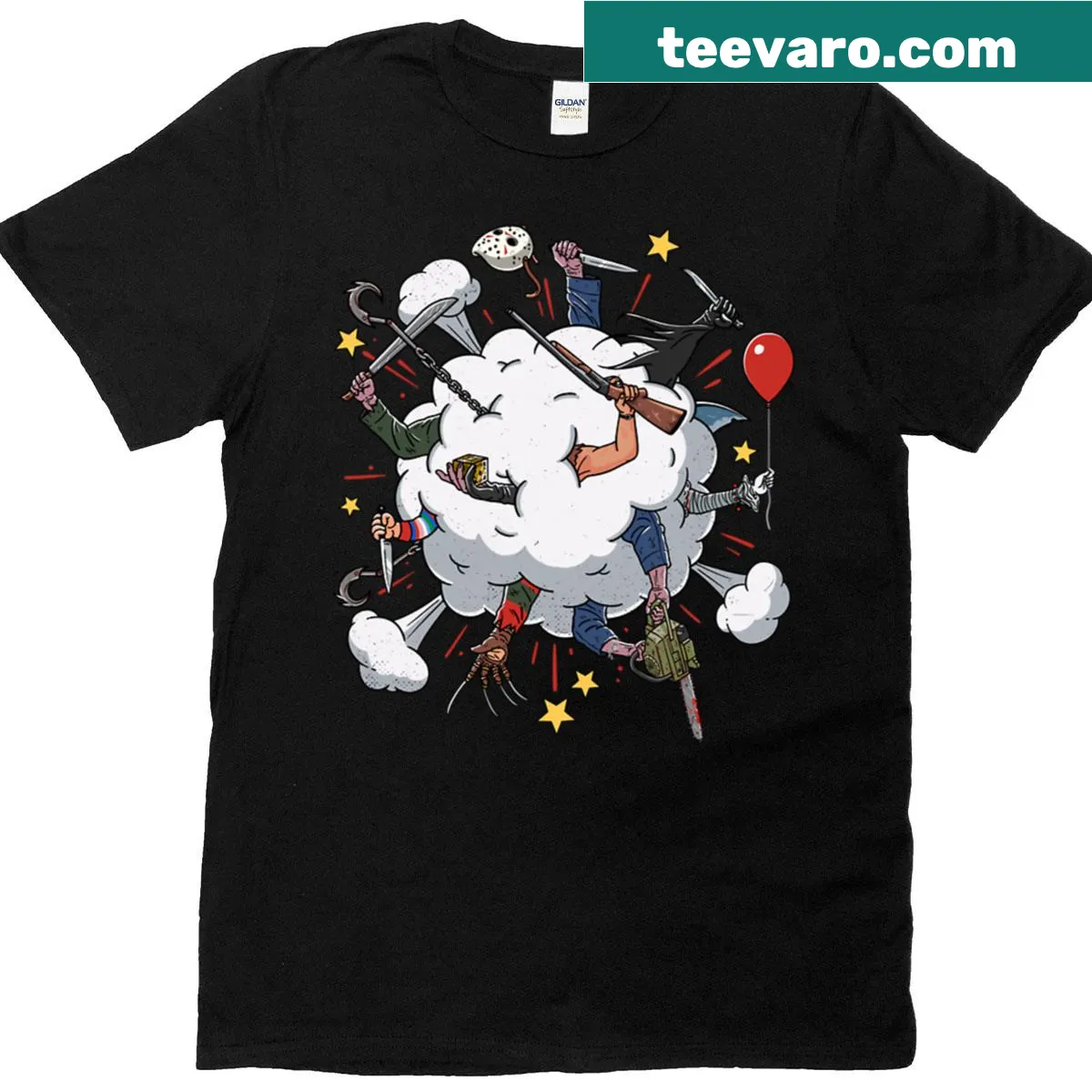 Oversized t-shirt featuring slasher characters in a humorous fight — on a men's t-shirt