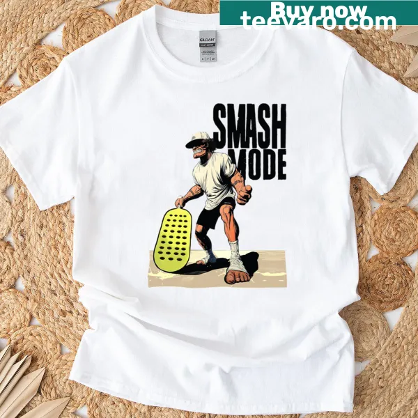 Bold typography beach tennis t-shirt with 'Smash Mode' text