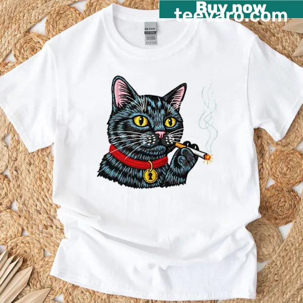 Oversized t-shirt featuring a humorous illustration of a smoking cat.