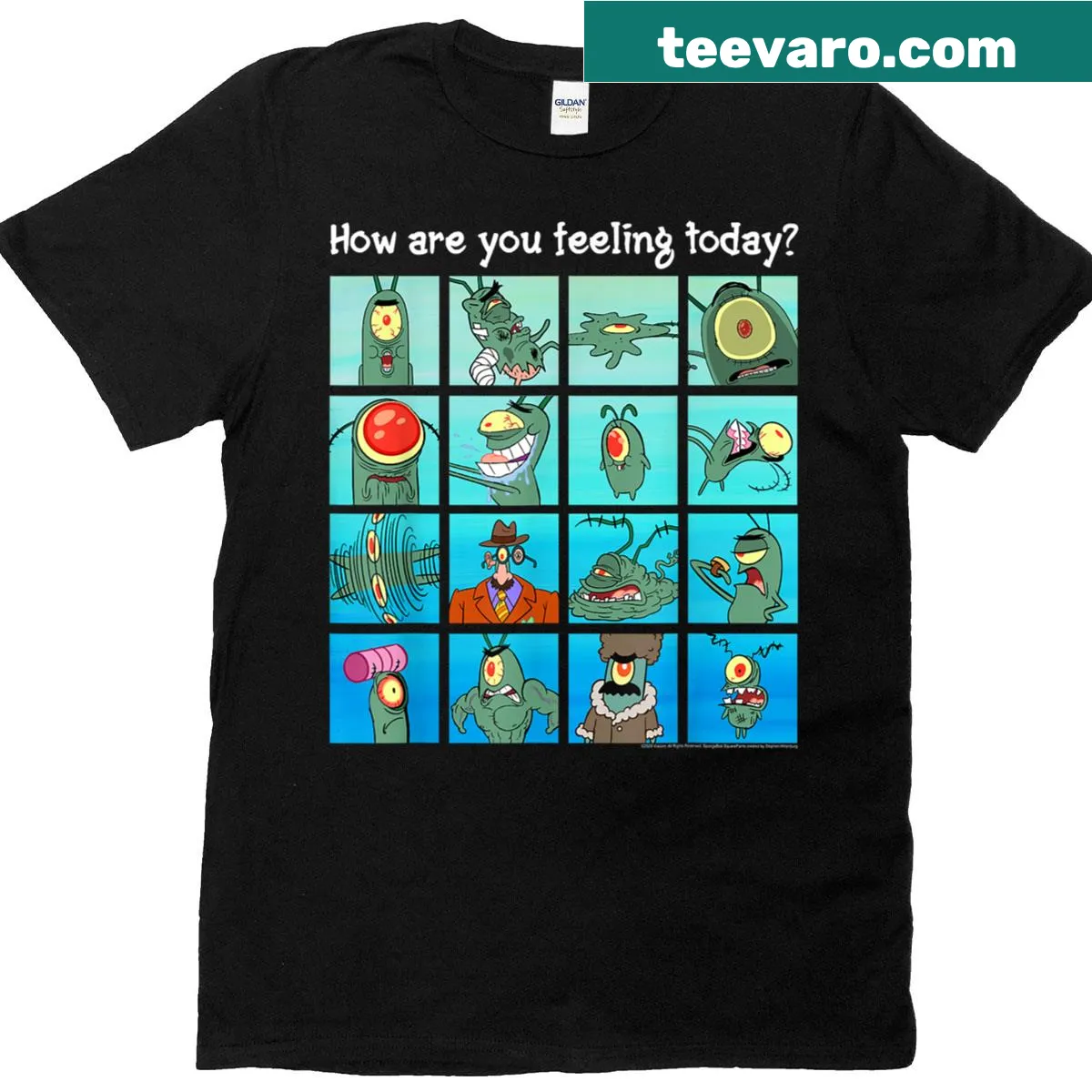 Cartoon T-shirt featuring Plankton from Spongebob asking 'How Are You Feeling?'. — on a men's t-shirt