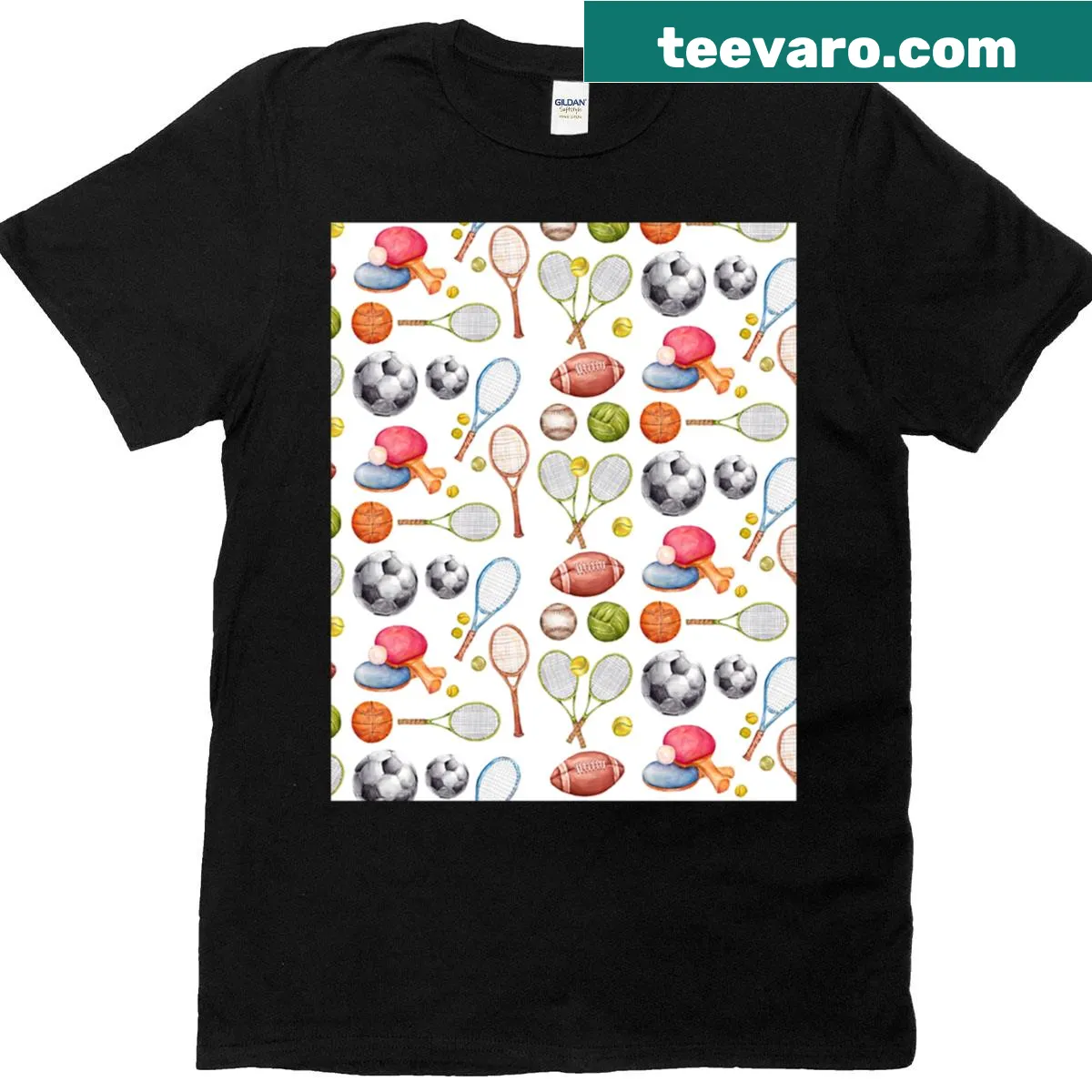 Sports equipment graphic t-shirt featuring various athletic gear — on a men's t-shirt