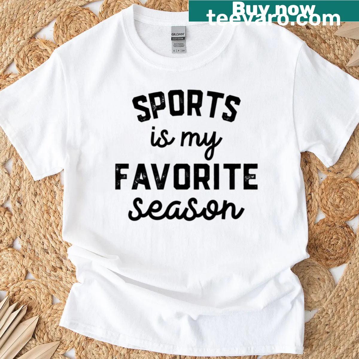 T-shirt celebrating various sports with a lively typography design — on a men's t-shirt