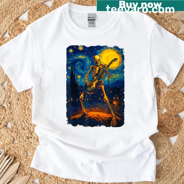 Starry skeleton playing guitar in rock band design on T-shirt