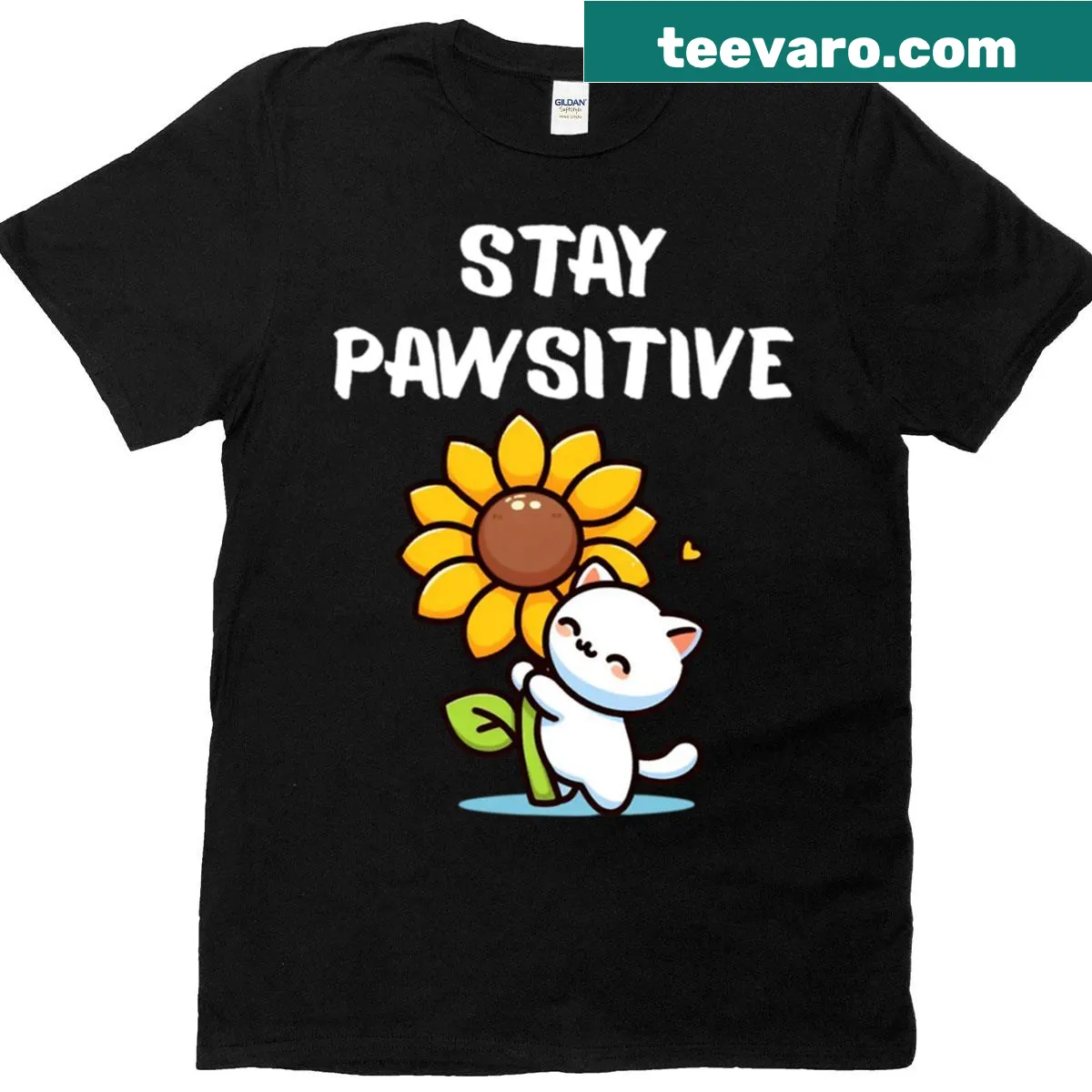 Cute t-shirt with a cat pun saying 'Stay Pawsitive' — on a men's t-shirt