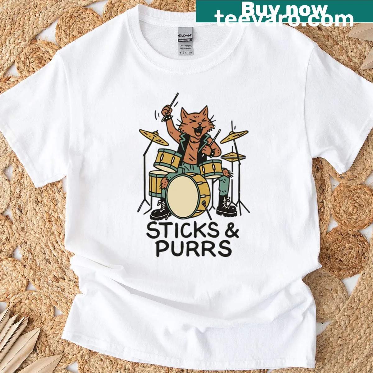Illustration of a cat drummer with sticks on a playful t-shirt — on a men's t-shirt