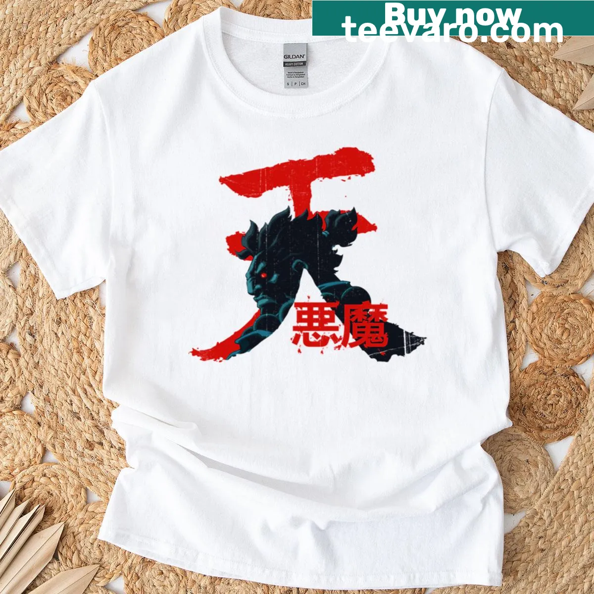 Street Fighter Akuma t-shirt with a retro gaming design — on a men's t-shirt