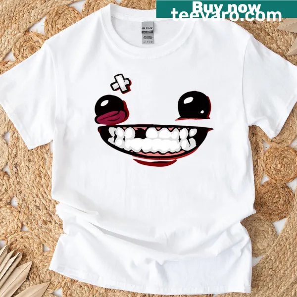 Graphic design featuring the character Meat Boy from the game Super Meat Boy