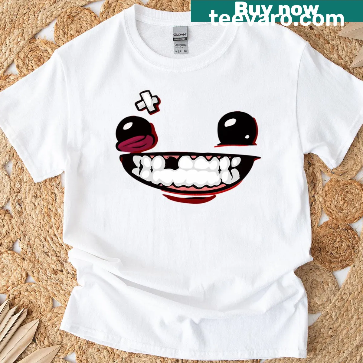 Graphic design featuring the character Meat Boy from the game Super Meat Boy — on a men's t-shirt