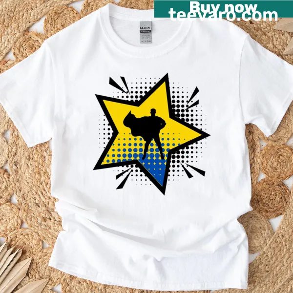 Whimsical superhero star graphic on an oversized T-shirt