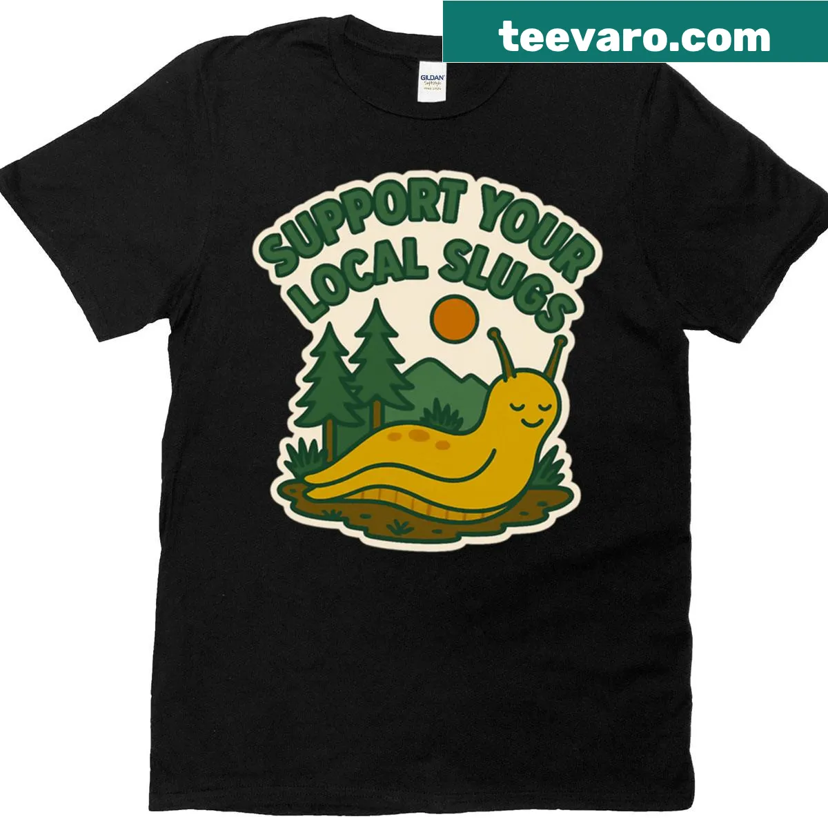 T-shirt featuring a banana slug and Support Your Local Slugs text — on a men's t-shirt