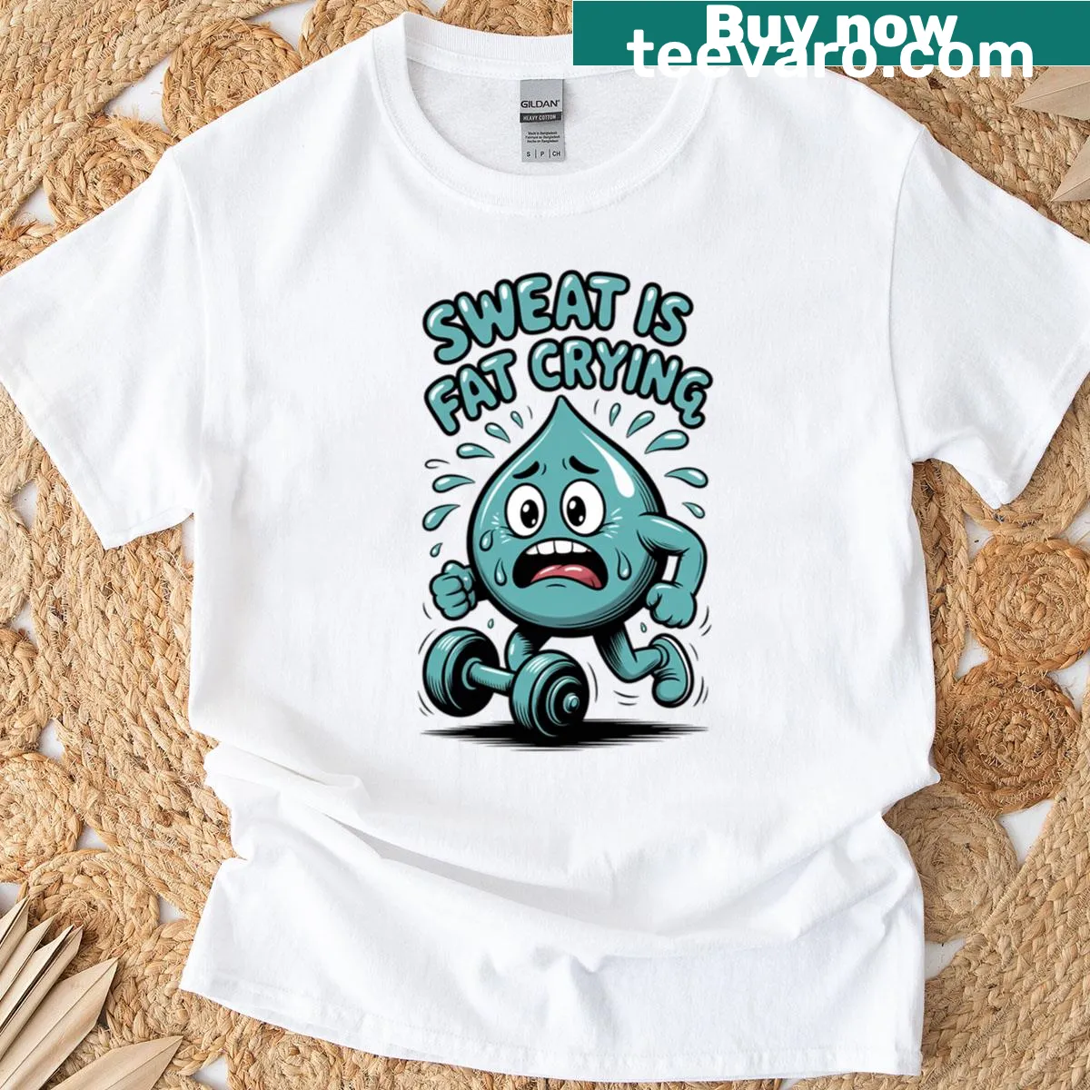Funny fitness t-shirt with humorous text about sweat — on a men's t-shirt