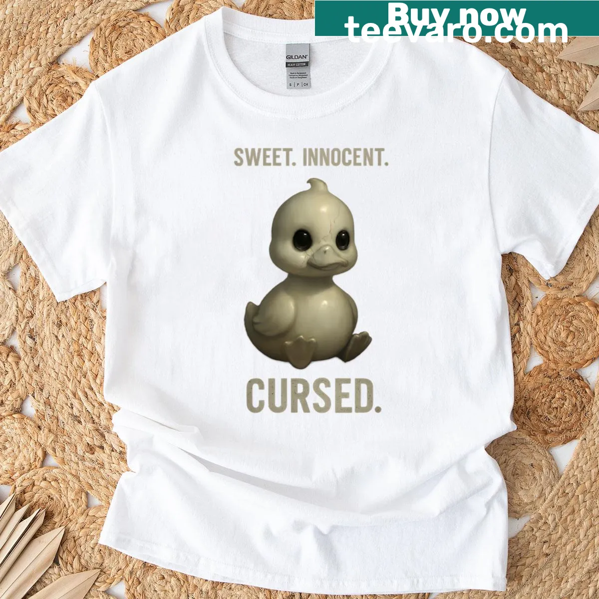 Oversized t-shirt with a cute cartoon cursed duck design — on a men's t-shirt