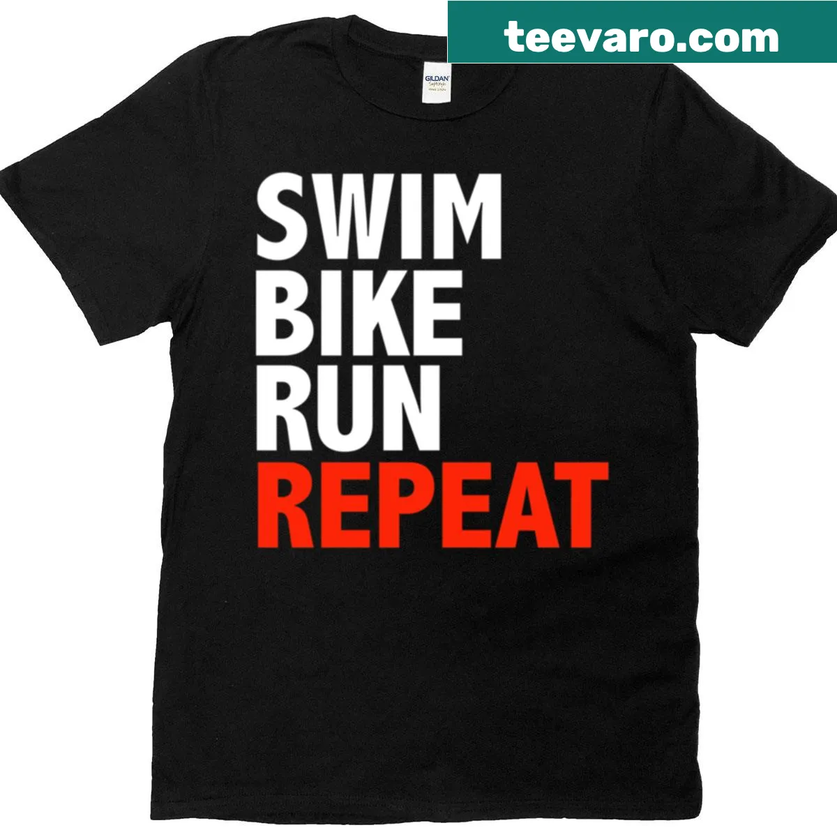 Triathlon-themed t-shirt with 'Swim Bike Run' text — on a men's t-shirt