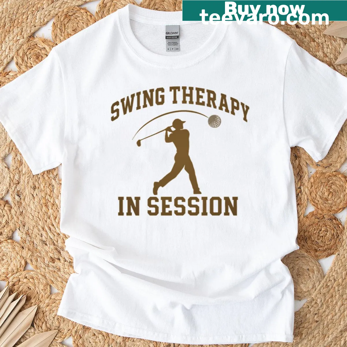 Oversized golf-themed t-shirt with 'Swing Therapy In Session' text — on a men's t-shirt