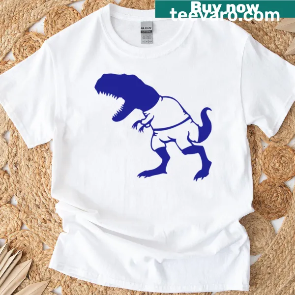 Funny t-shirt featuring a T-rex wearing shorts in a playful illustration