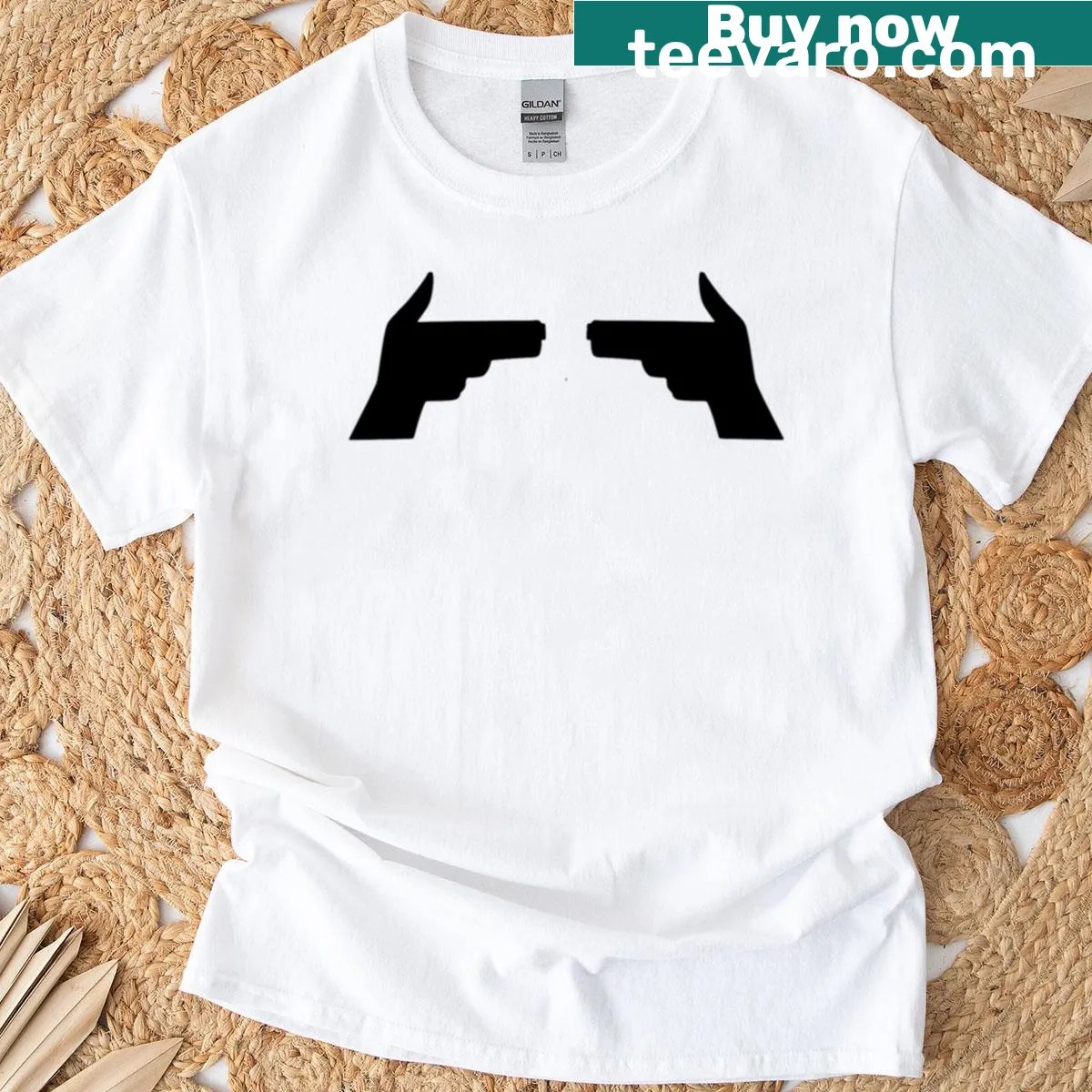 Minimalist finger gun standoff graphic on t-shirt — on a men's t-shirt