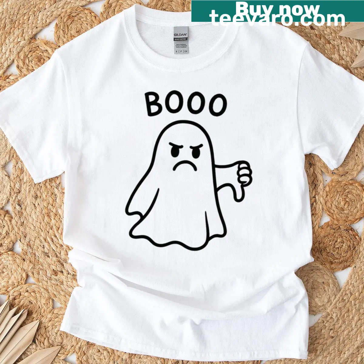 Oversized t-shirt featuring a displeased ghost illustration. — on a men's t-shirt