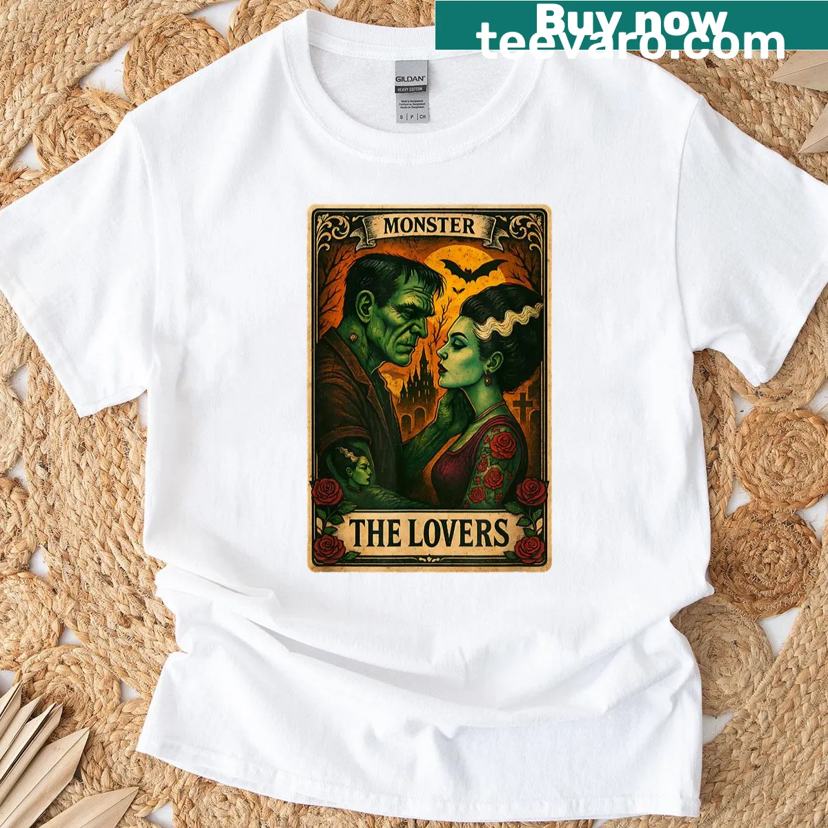Frankenstein and Bride T-shirt with romantic design — on a men's t-shirt