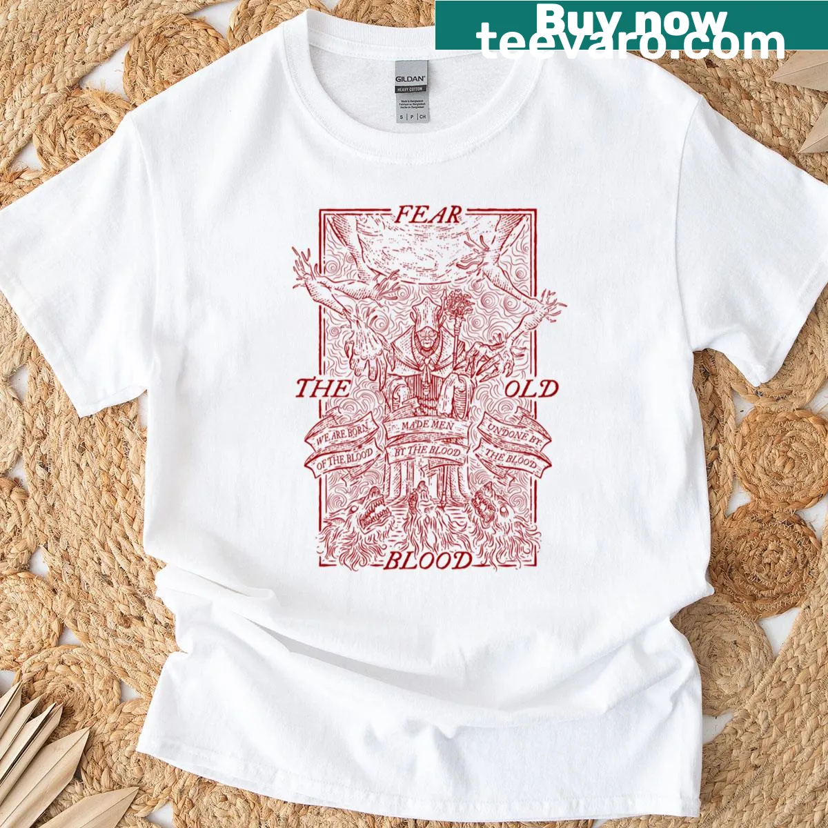 The Old Blood T-shirt with iconic horror imagery — on a men's t-shirt