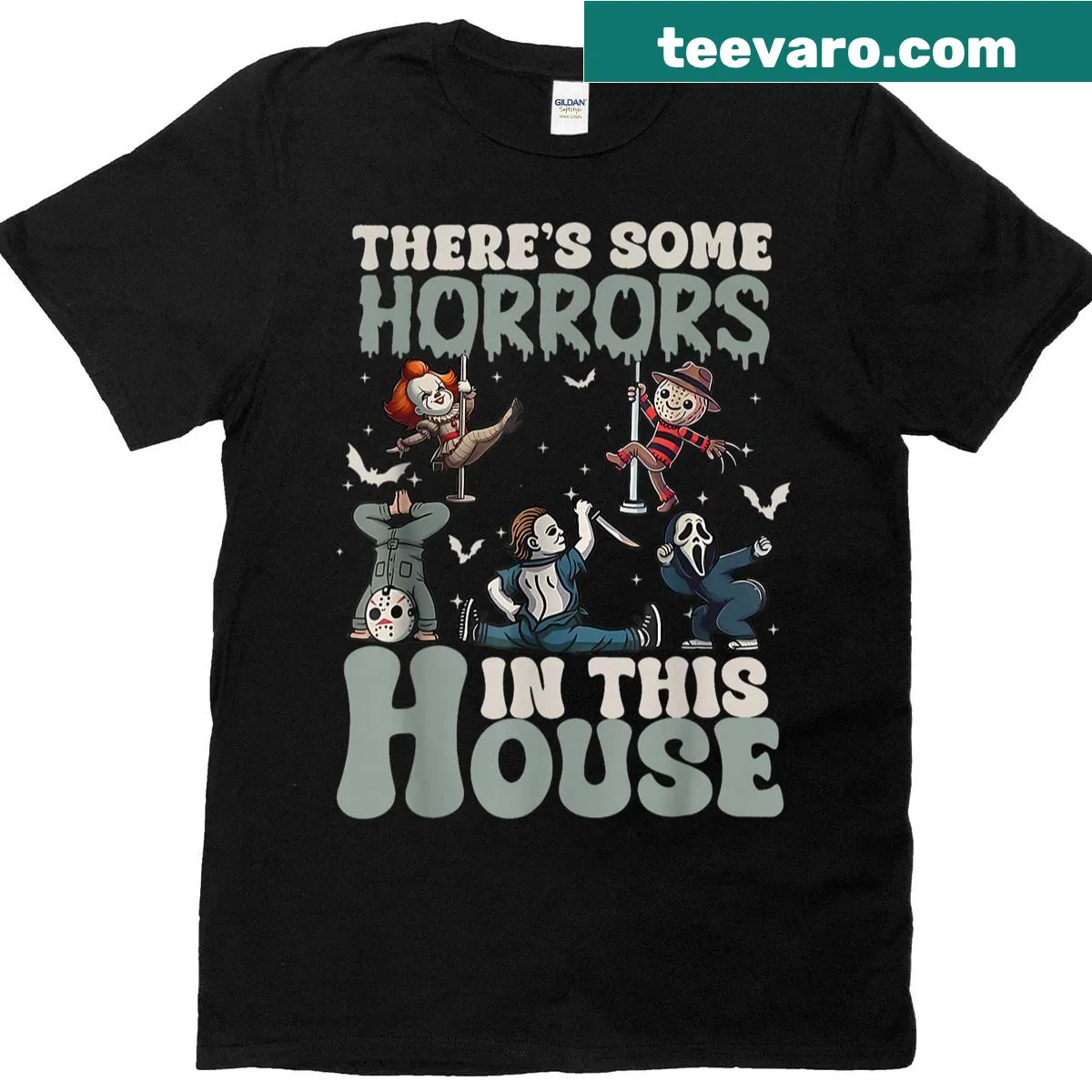 T-shirt with humorous horror characters and text about horrors in the house — on a men's t-shirt