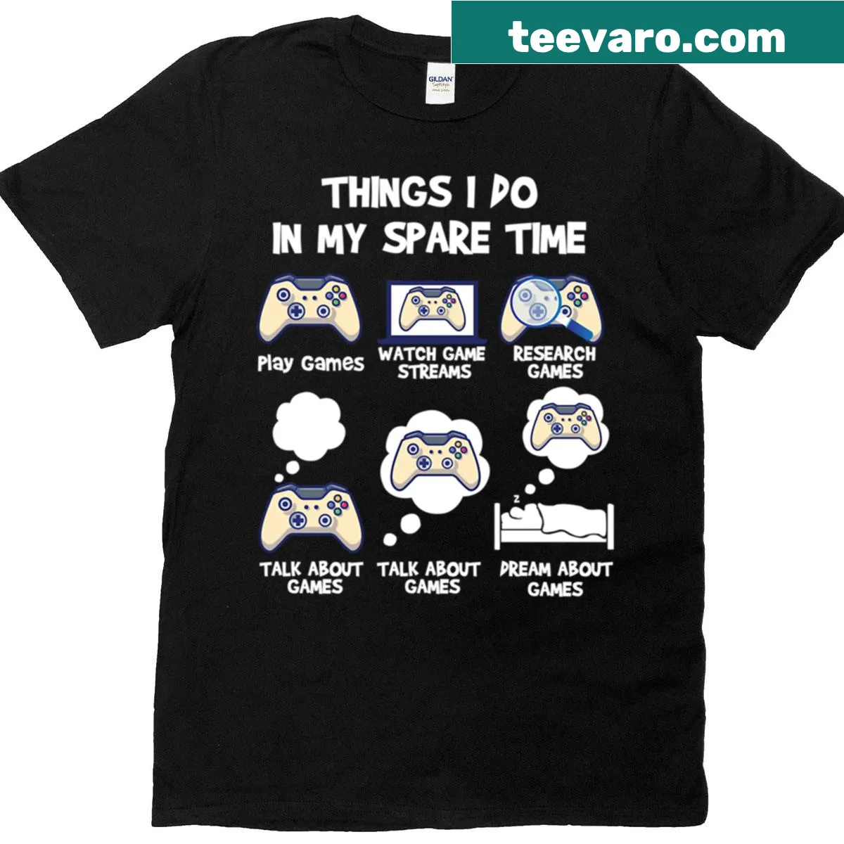 T-shirt with playful typography listing hobbies and spare time activities — on a men's t-shirt
