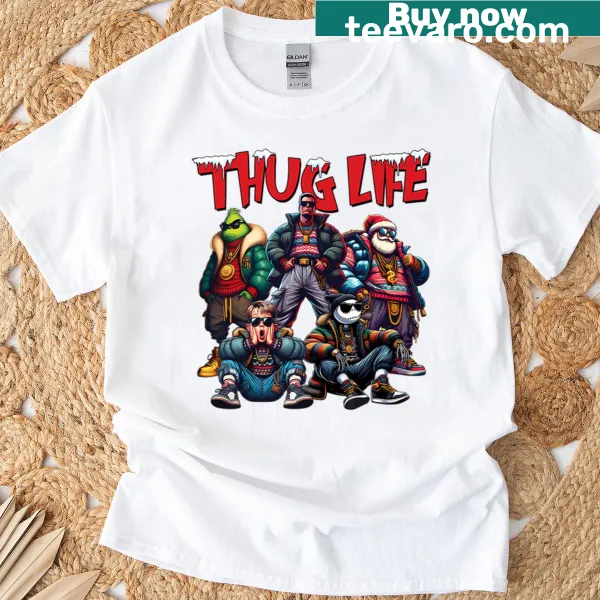 Funny Christmas T-shirt with 'Thugs Lifes Christmas Comedy Movies' text