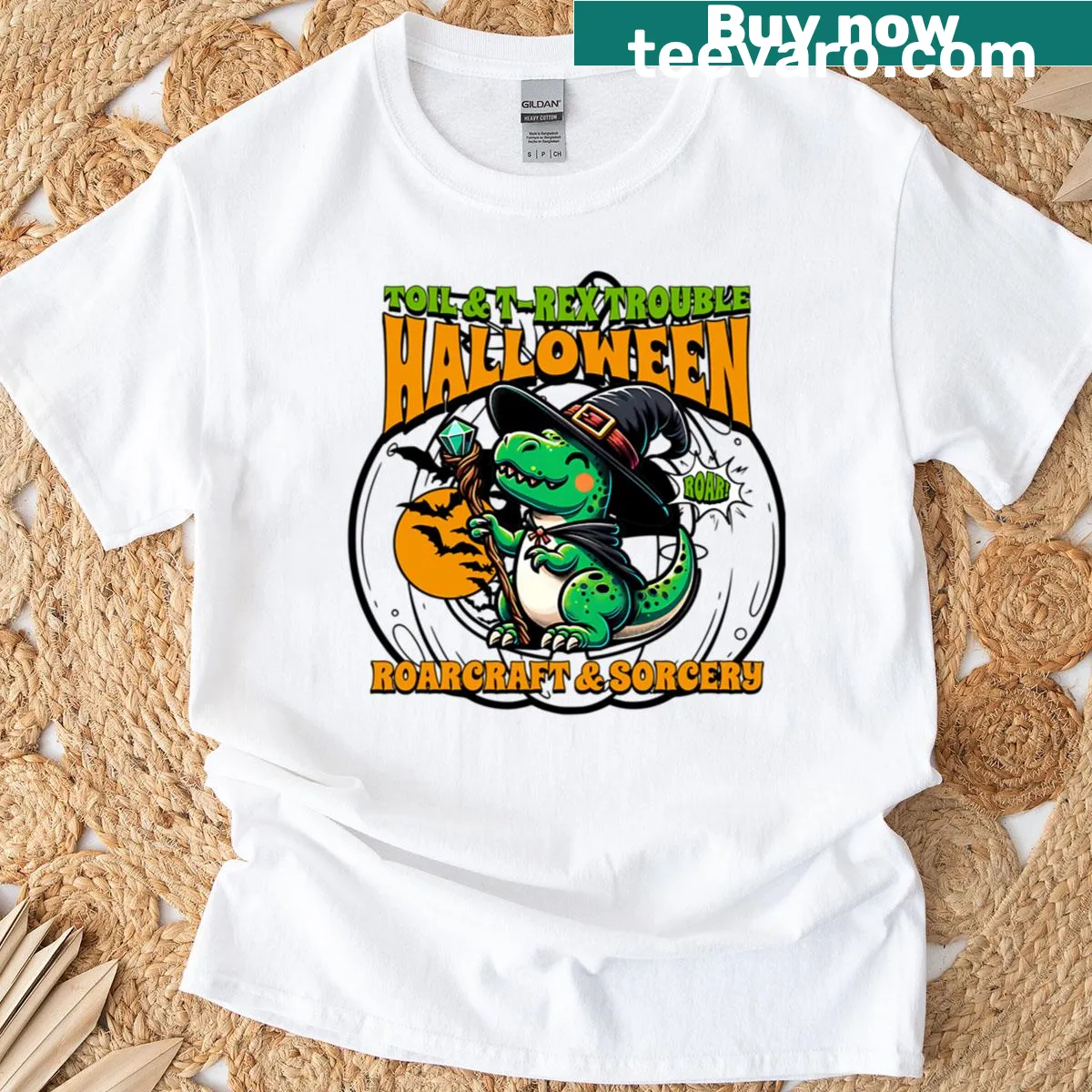 Funny Halloween T-shirt with T-rex in witch hat design — on a men's t-shirt