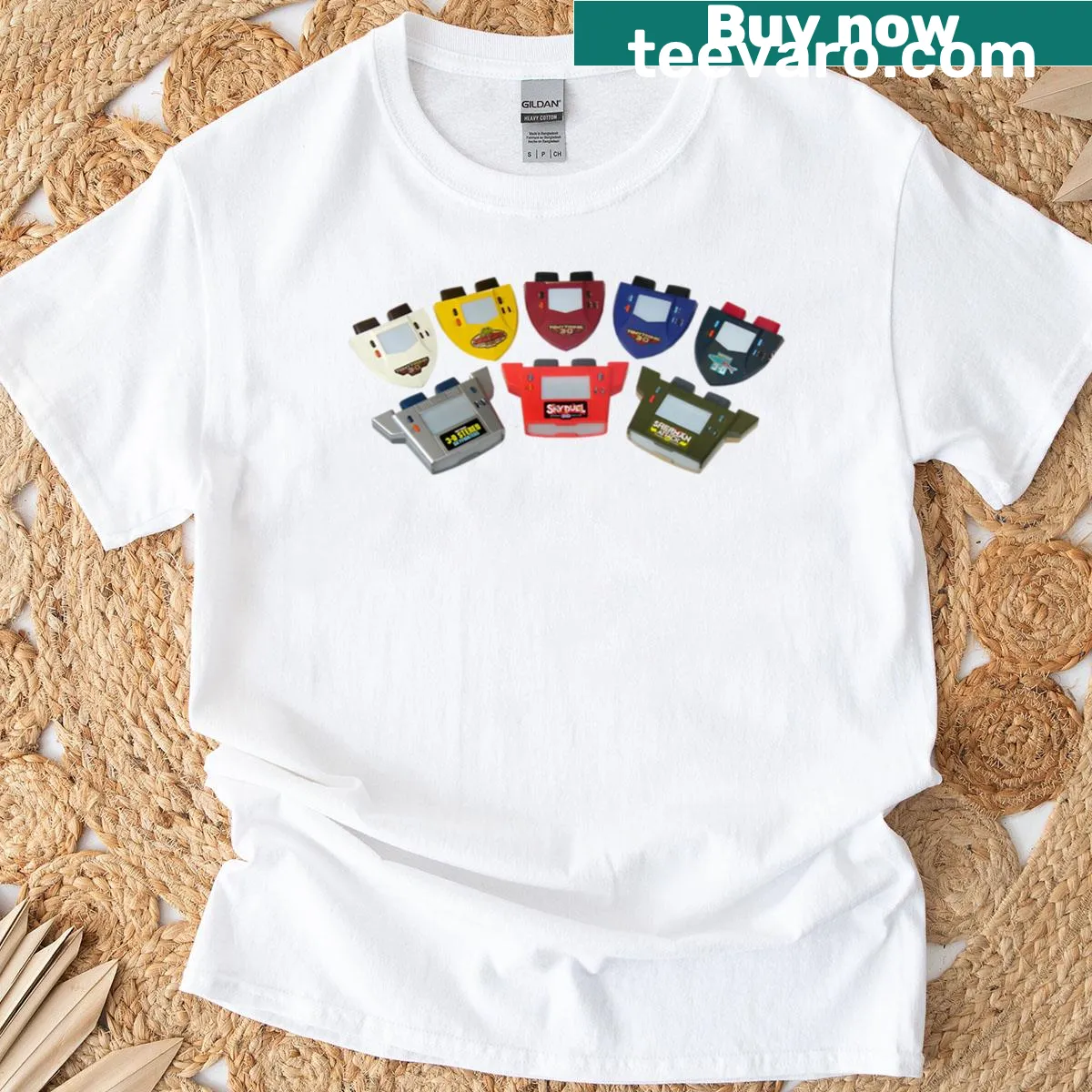 Illustration of a Tomytronic 3D handheld console on a t-shirt — on a men's t-shirt