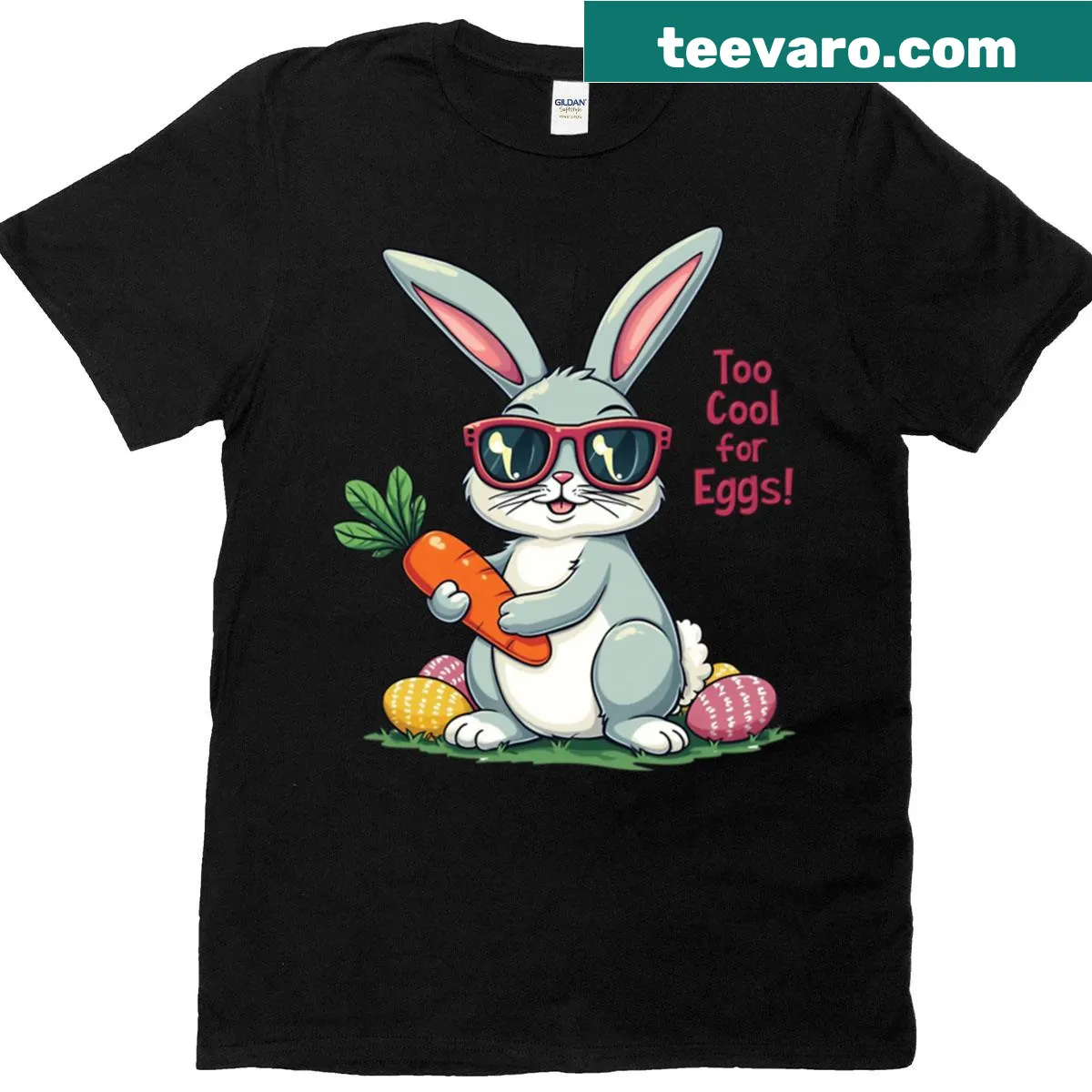 Funny text t-shirt with the phrase 'Too Cool For Eggs' — on a men's t-shirt
