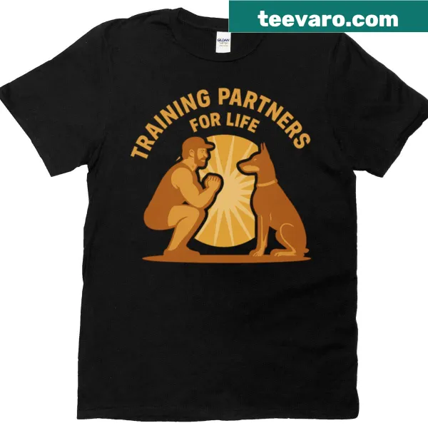 Oversized tee featuring a Doberman and a man training together.