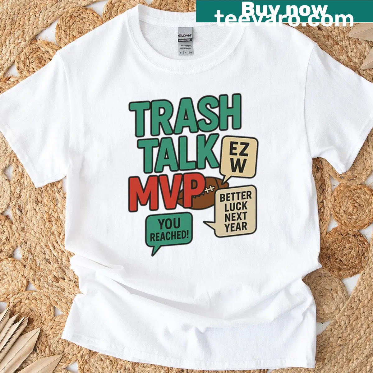 Oversized t-shirt with 'Trash Talk MVP' phrase in playful typography — on a men's t-shirt