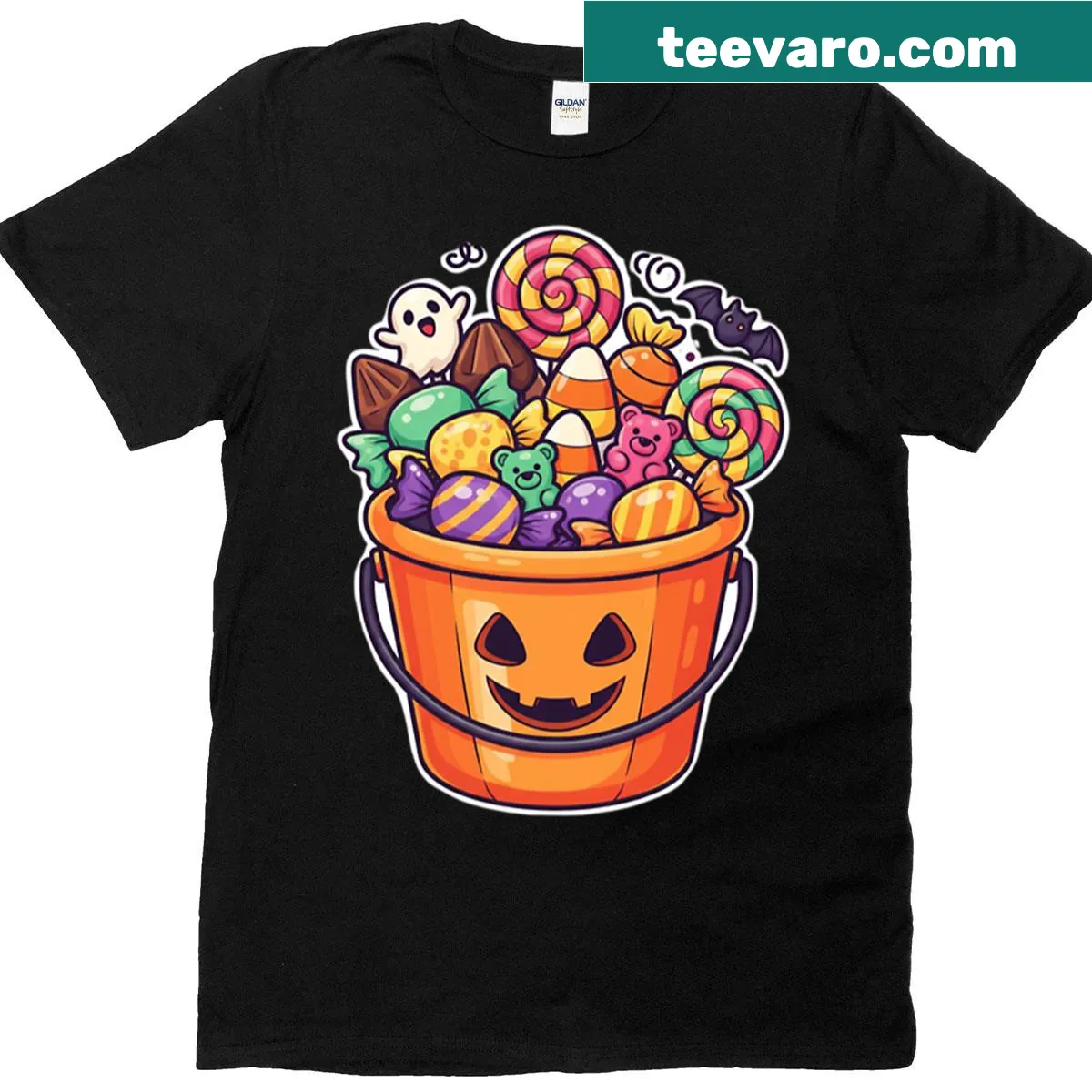 T-shirt with a playful candy bucket graphic for Halloween — on a men's t-shirt