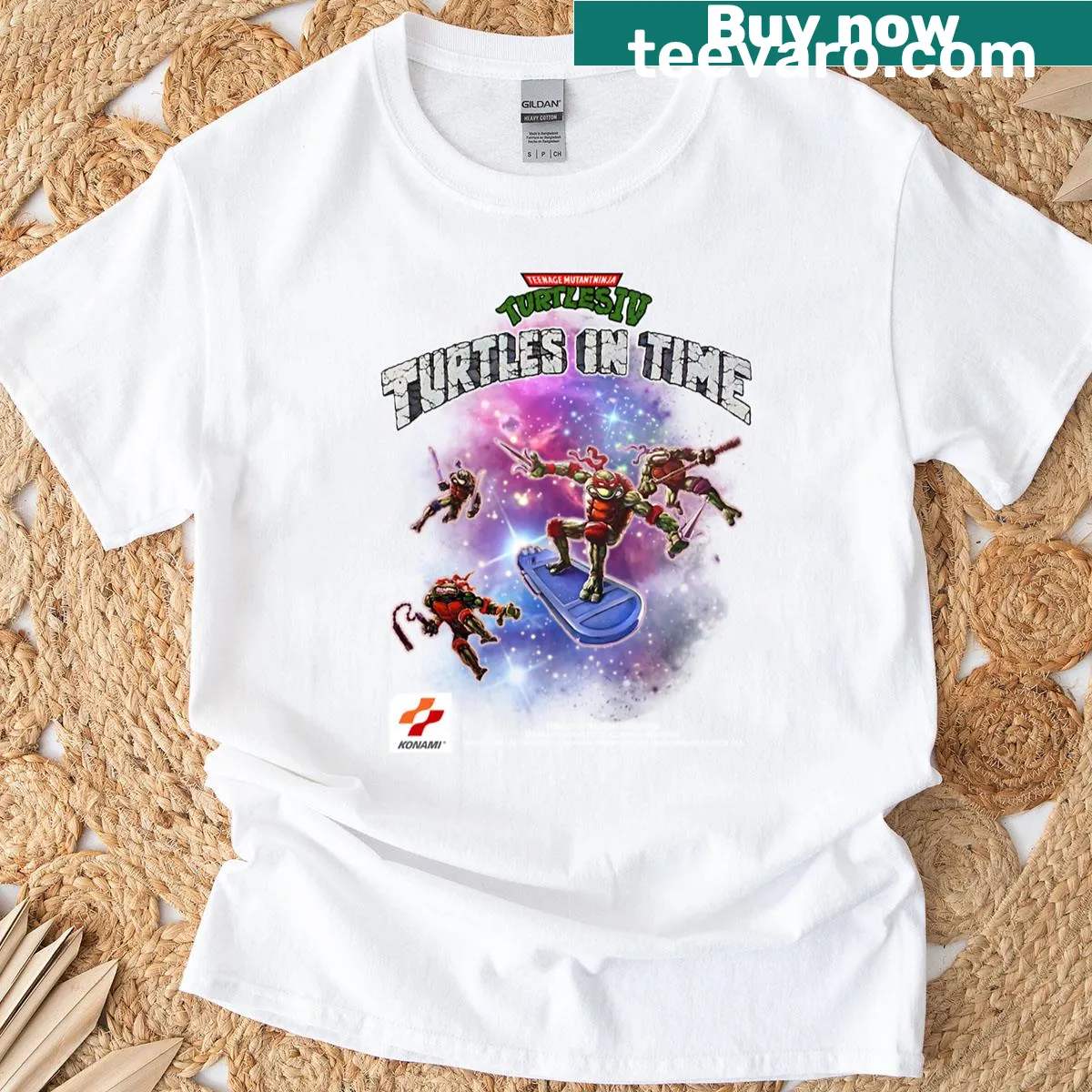 Turtles In Time T-shirt featuring nostalgic gaming illustration — on a men's t-shirt