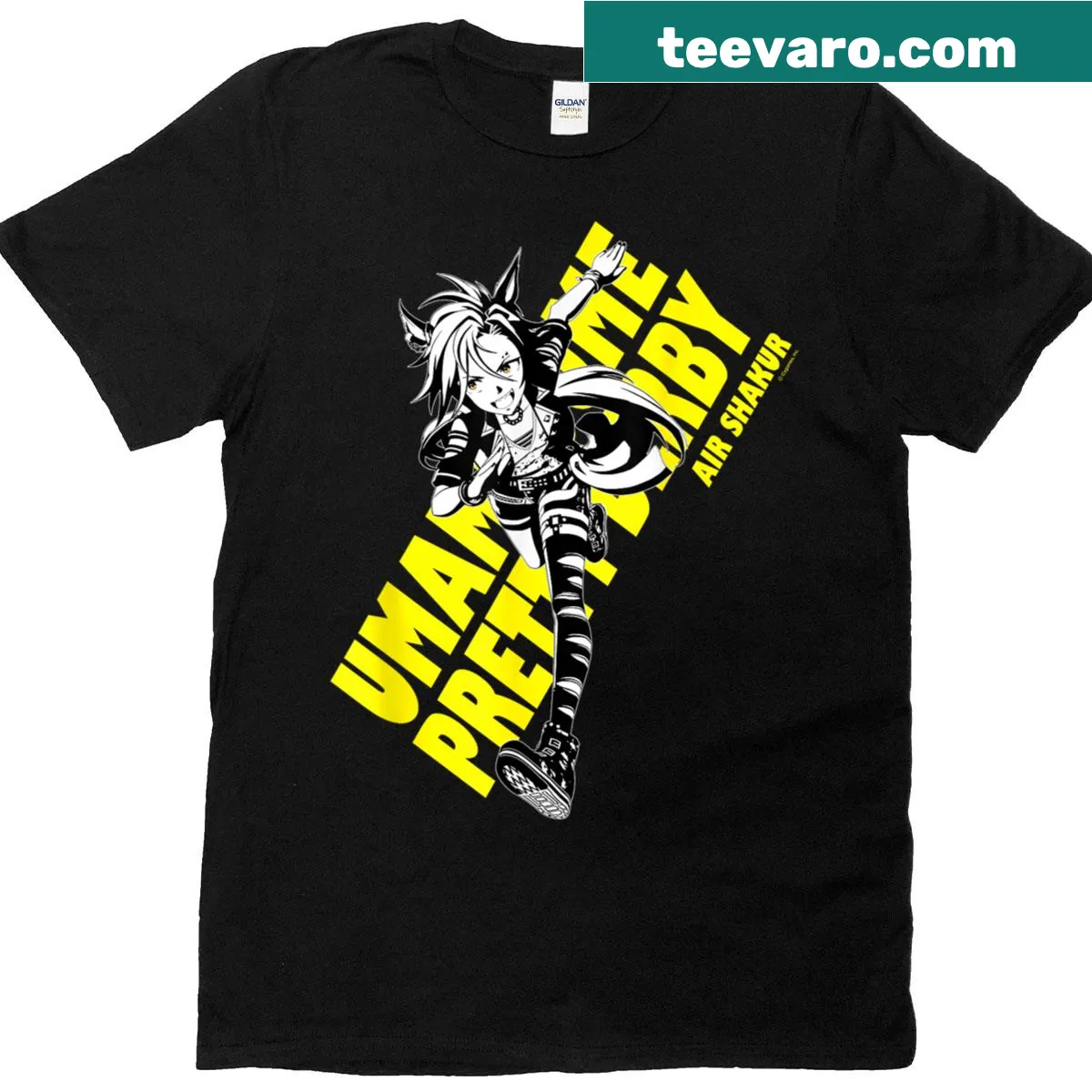 Umamusume Pretty Derby t-shirt featuring Air Shakur character illustration — on a men's t-shirt