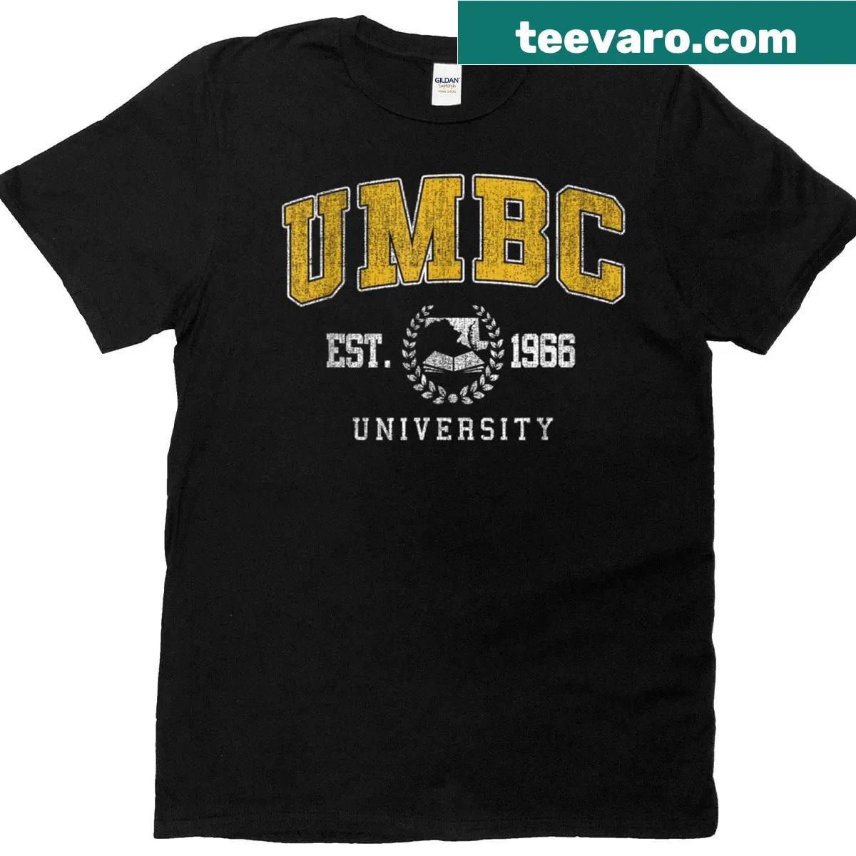 Retro-style UMBC Institute of Technology T-shirt with arch logo — on a men's t-shirt