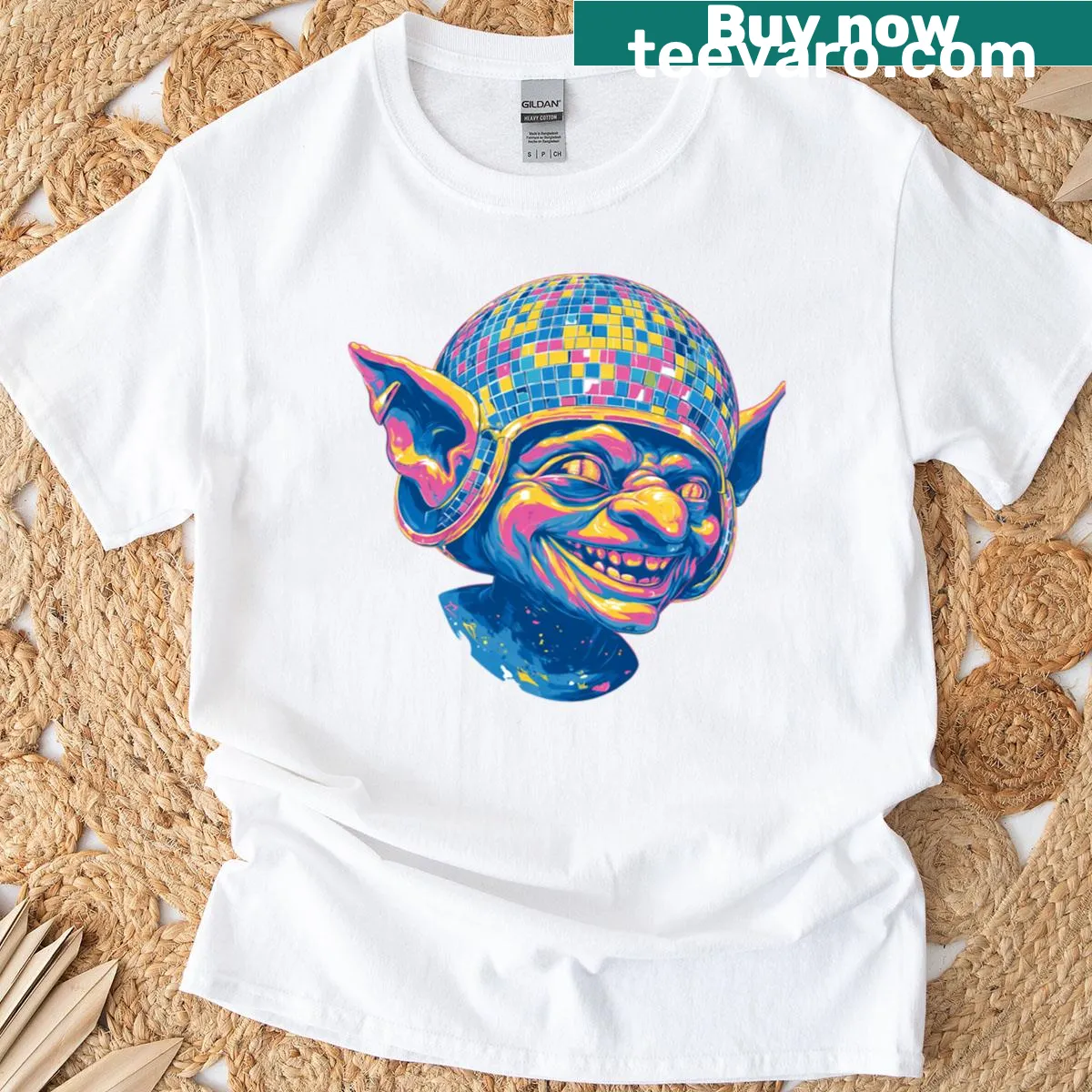 Goblin with a disco ball helmet cartoon graphic T-shirt — on a men's t-shirt