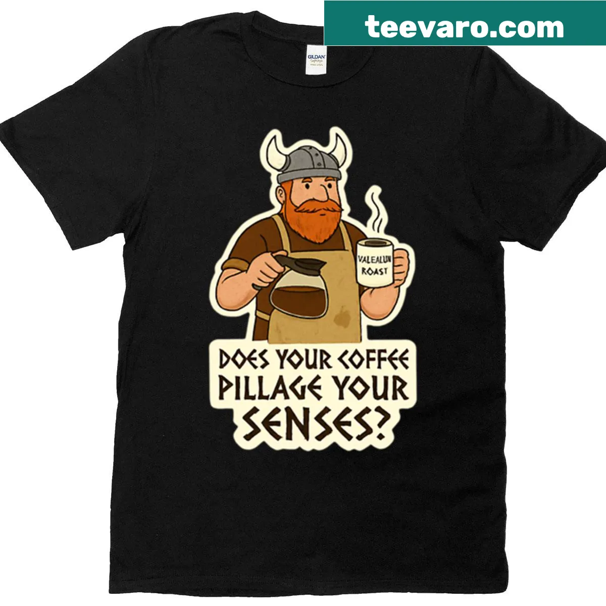 Viking warrior coffee graphic t-shirt with humorous barista theme — on a men's t-shirt