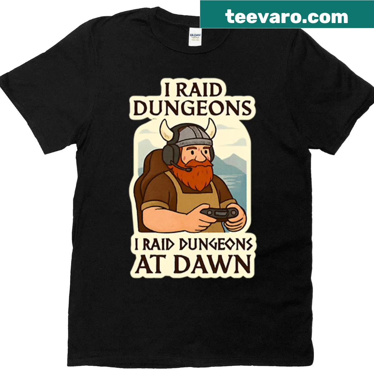 Norse-themed gamer shirt with slogan 'I Raid Dungeons At Dawn' — on a men's t-shirt
