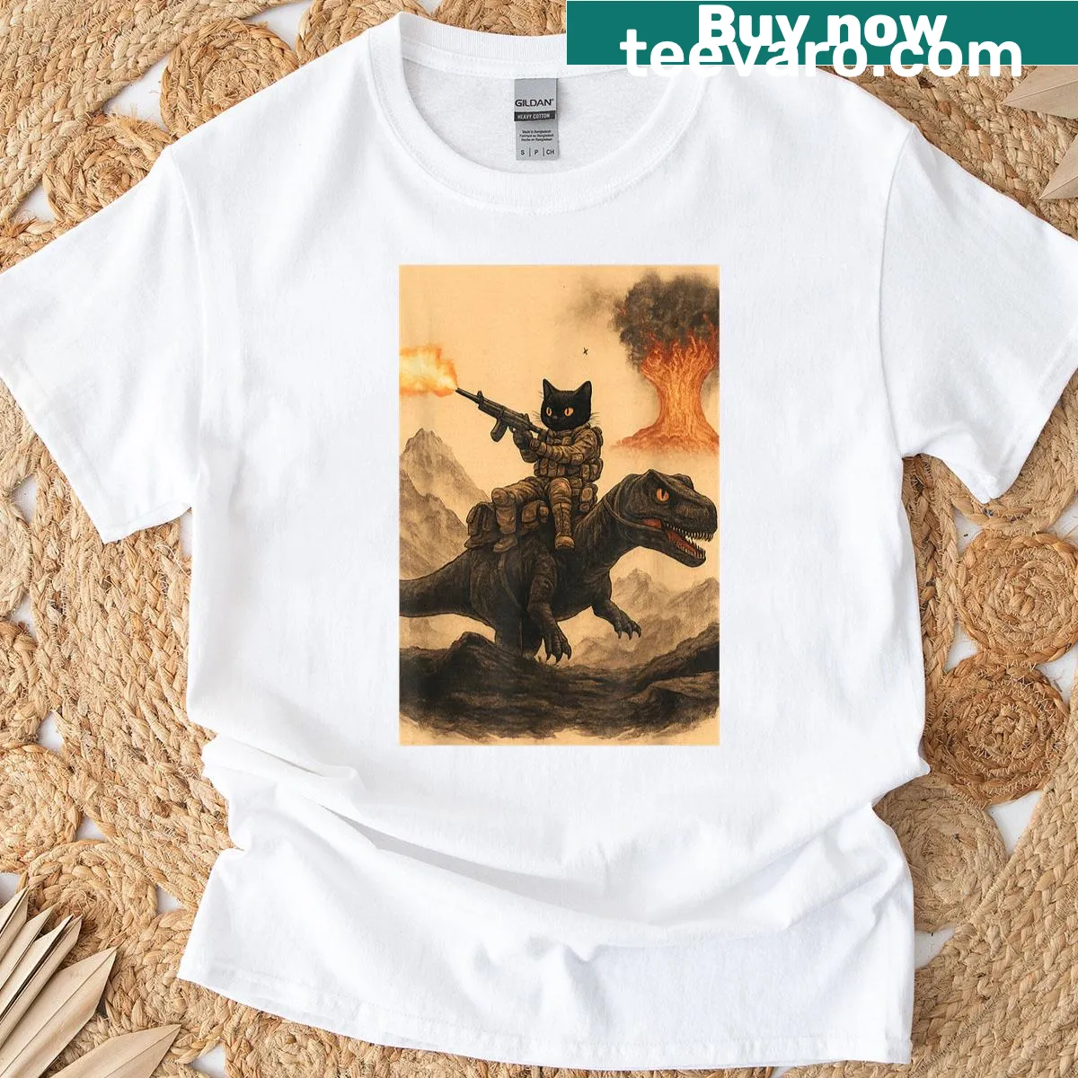 Illustration of a cat riding a dinosaur in battle on T-shirt — on a men's t-shirt