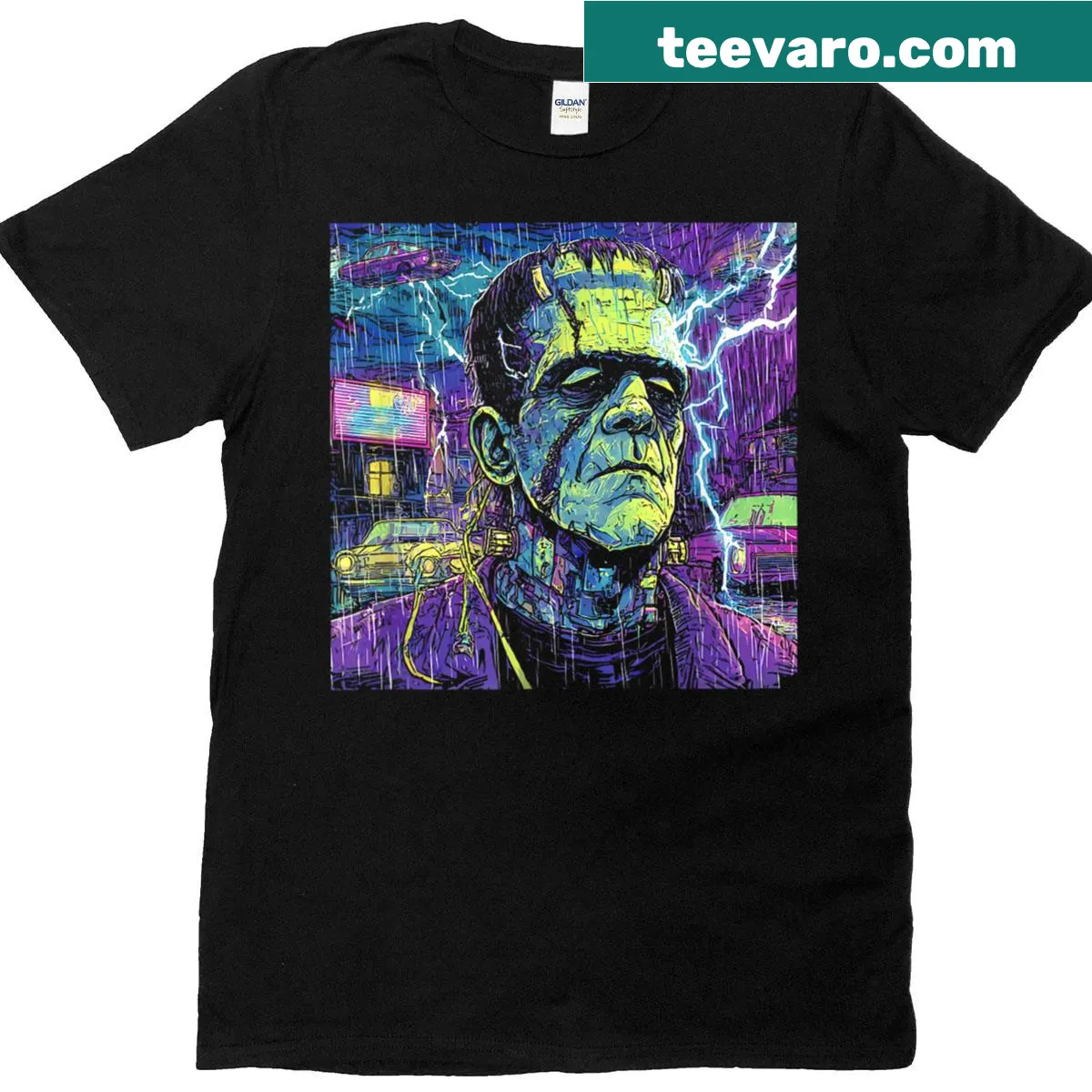 Vintage Halloween t-shirt featuring a funny Frankenstein design — on a men's t-shirt