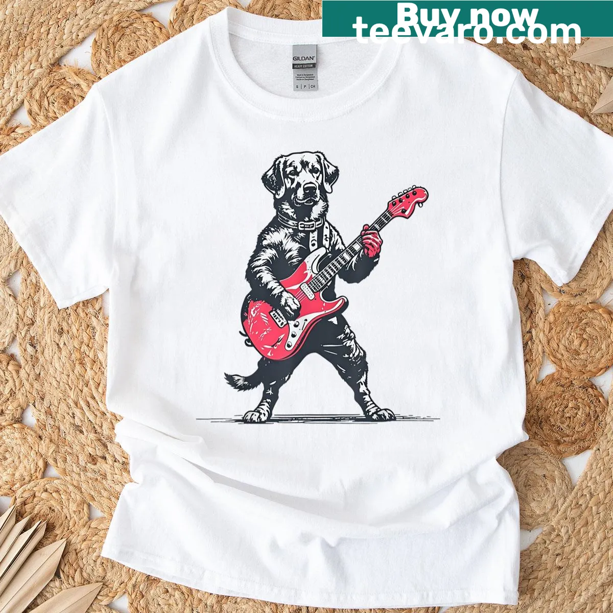 Vintage T-shirt featuring a golden retriever playing guitar graphic — on a men's t-shirt