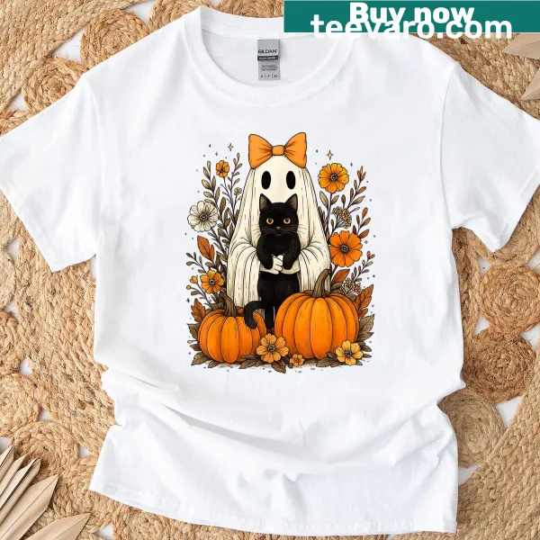 Vintage Halloween graphic with ghost and black cat